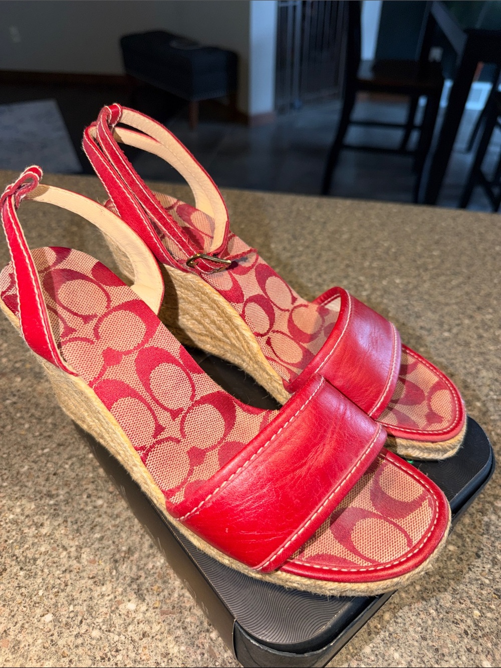 Coach y2k Red Patterned Slingback Espadrille Wedges